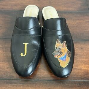 Alepel Hand Painted Leather Mules size 10  Art to Wear  Dog German Shepherd "J"